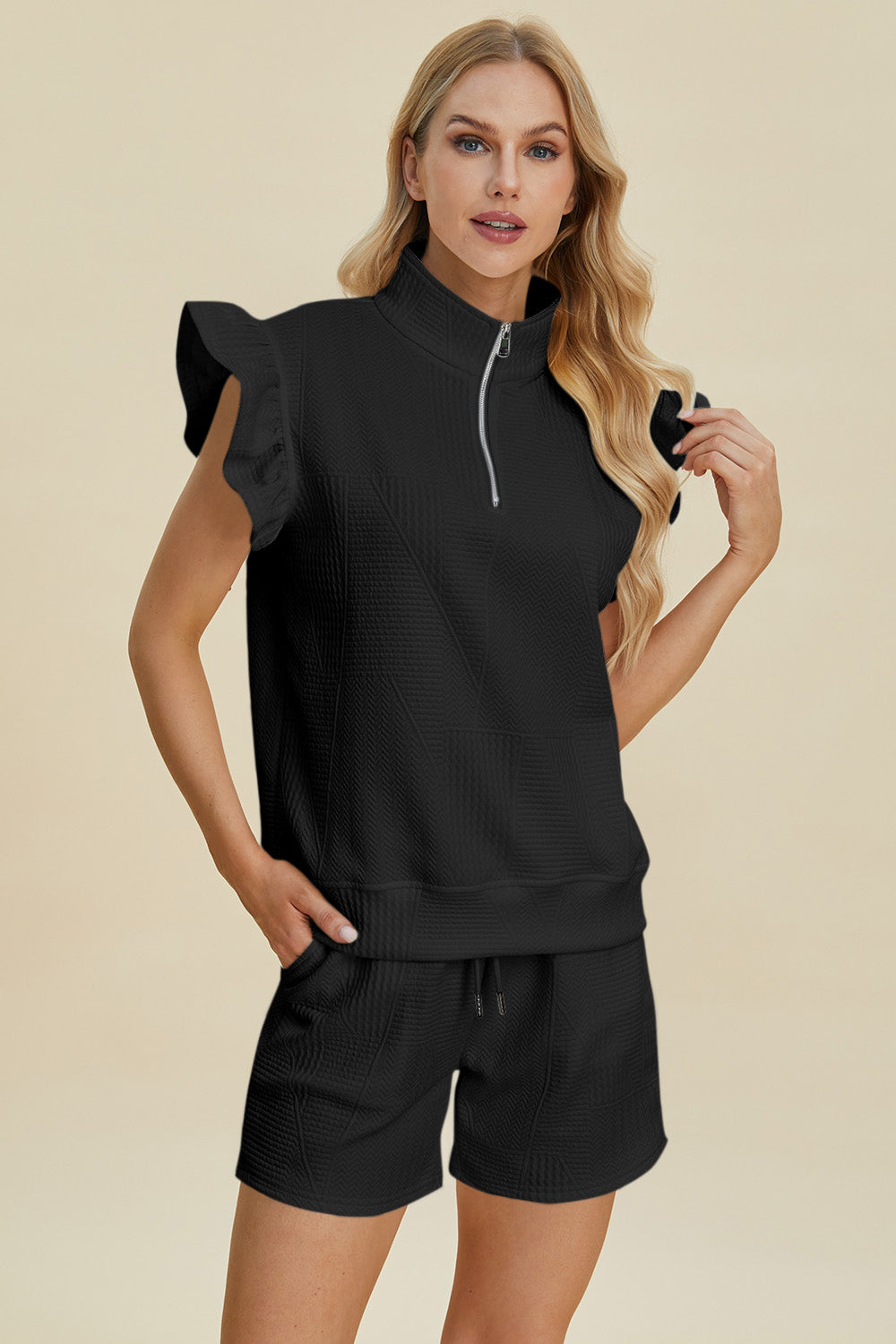 Double Take Full Size Texture Flounce Sleeve Top and Shorts Set Women&