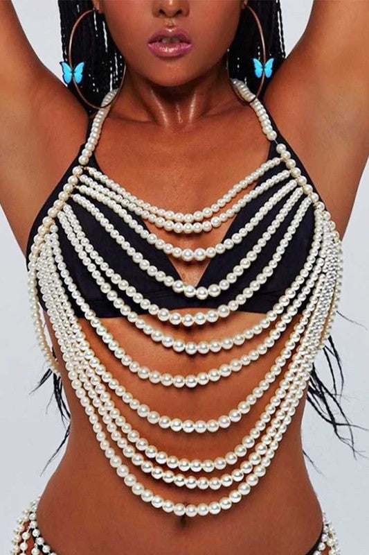 Dramatic Pearls Beaded Body Chain GOLD/CREAM O/S by LA Jewelry Plaza | Fleurcouture