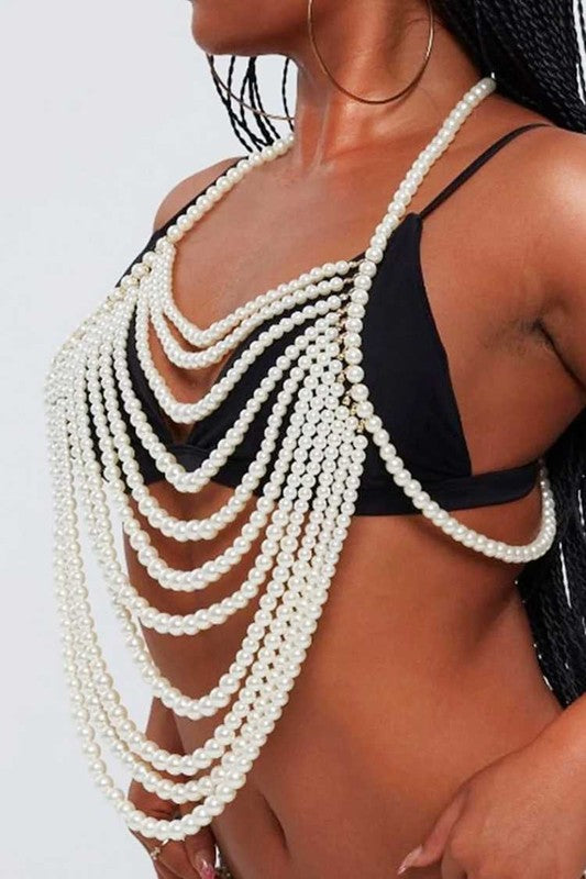Dramatic Pearls Beaded Body Chain GOLD/CREAM O/S by LA Jewelry Plaza | Fleurcouture
