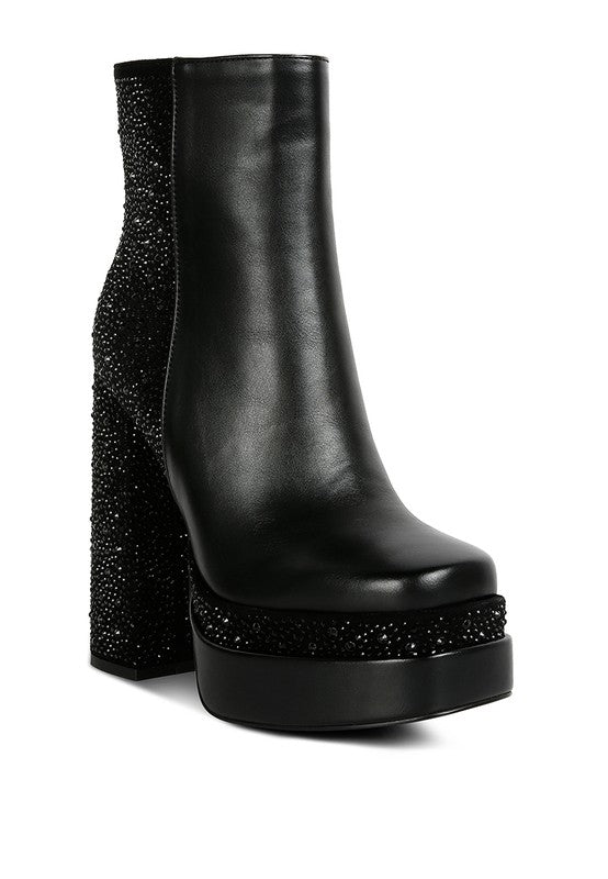 Dryday Diamante Zip Up Block Heel Boots Black 5 by Rag Company | Fleurcouture