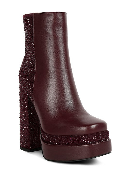 Dryday Diamante Zip Up Block Heel Boots Burgundy 5 by Rag Company | Fleurcouture