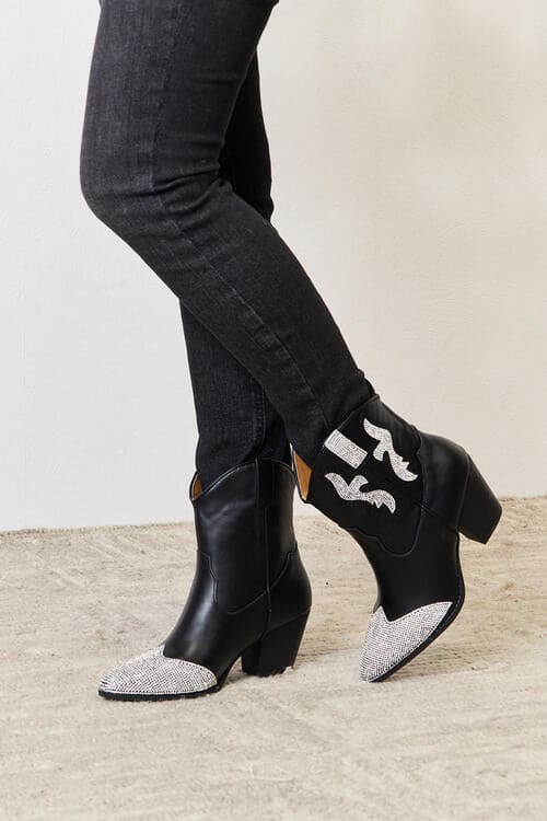 East Lion Corp Rhinestone Pointed Boots Black by Trendsi | Fleurcouture