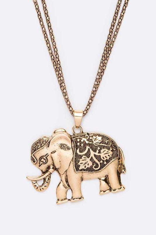 Engraved Elephant Pendant Long Necklace Gold O/S by LA Jewelry Plaza | Fleurcouture