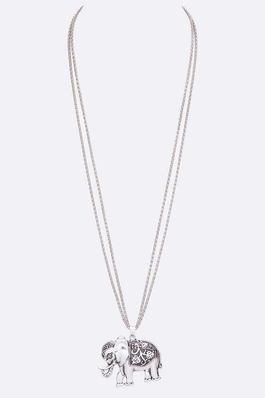 Engraved Elephant Pendant Long Necklace O/S by LA Jewelry Plaza | Fleurcouture