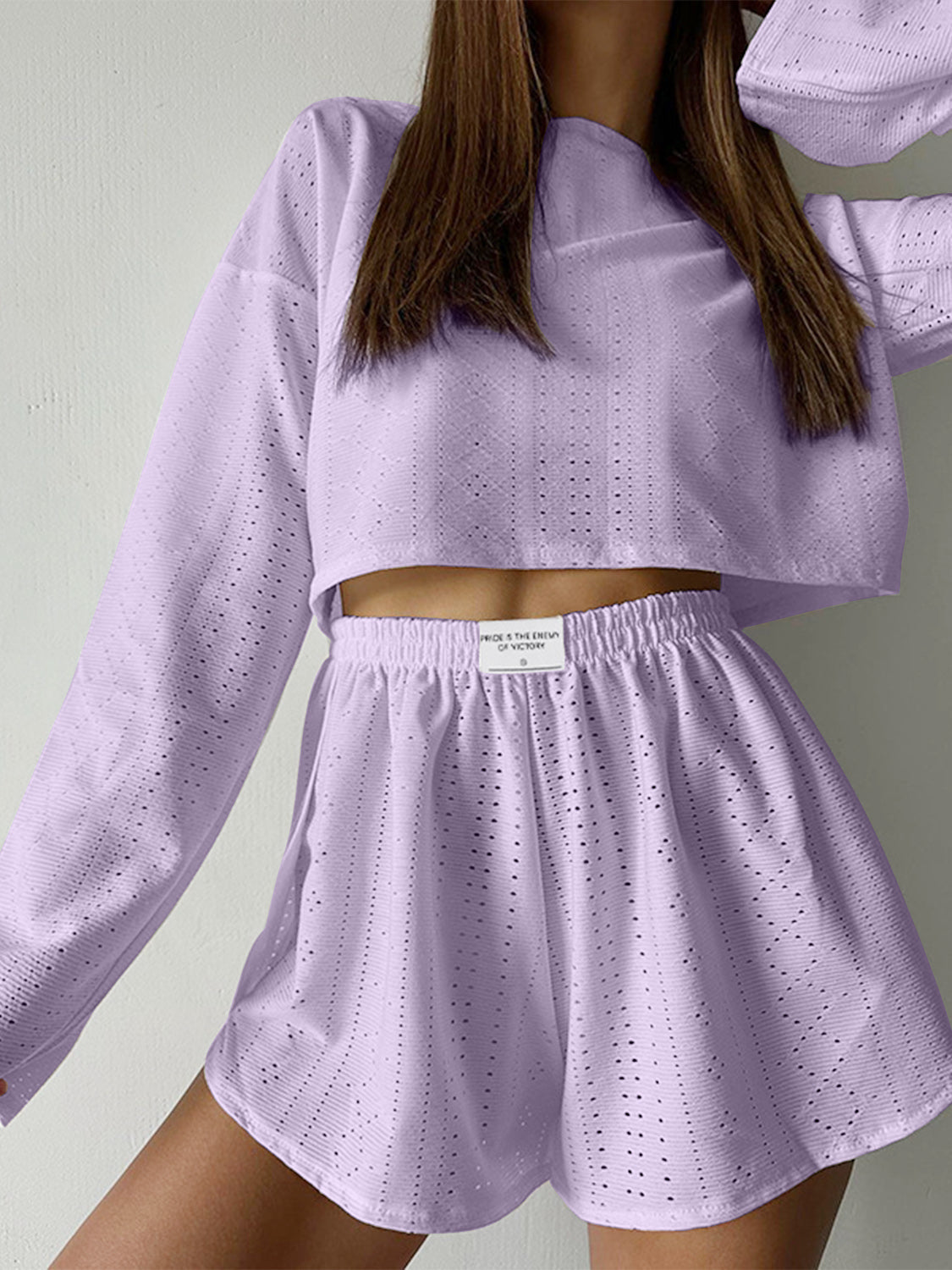 Eyelet Round Neck Top and Shorts Set Loungewear by Trendsi | Fleurcouture