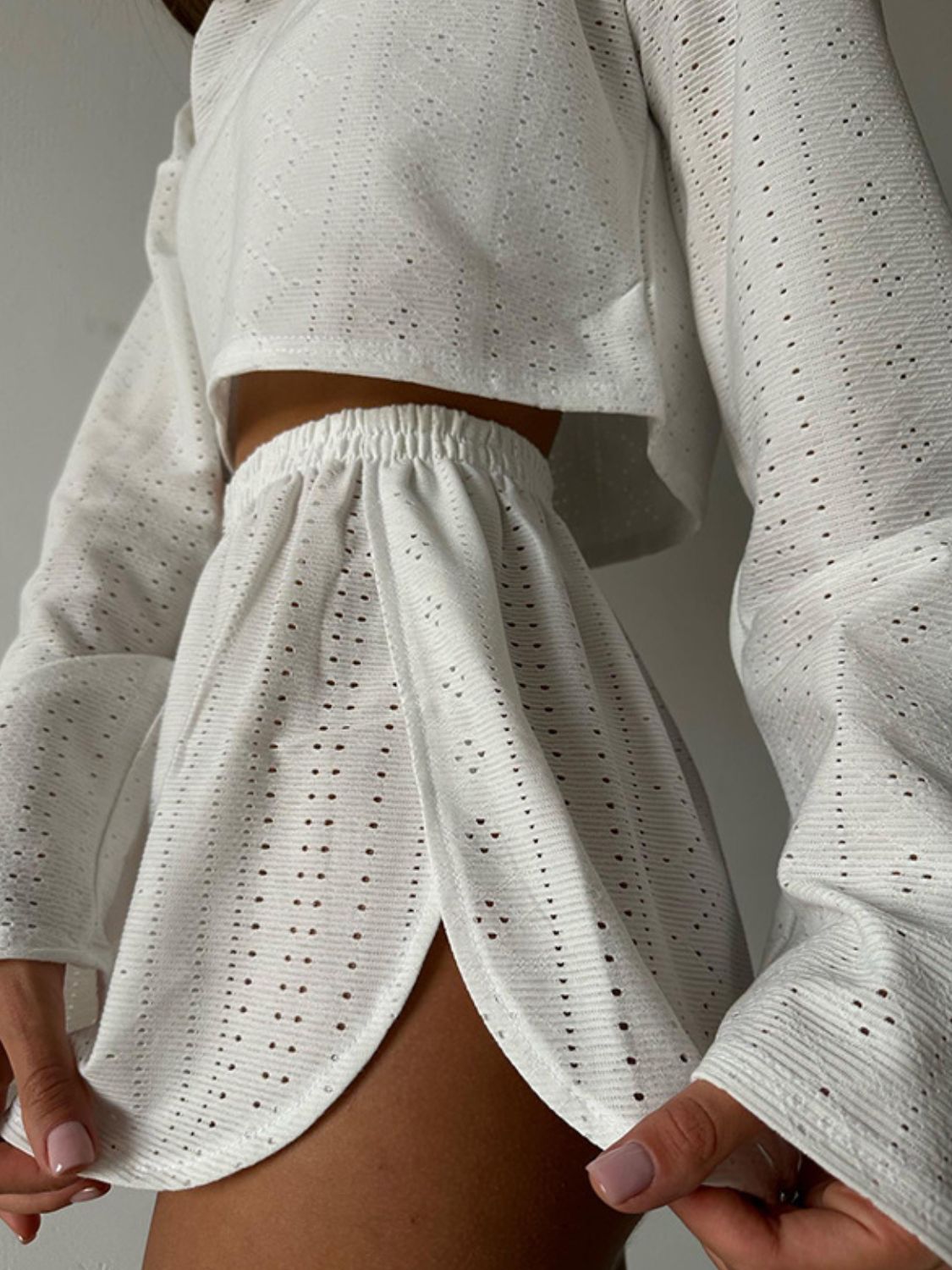 Eyelet Round Neck Top and Shorts Set Loungewear by Trendsi | Fleurcouture