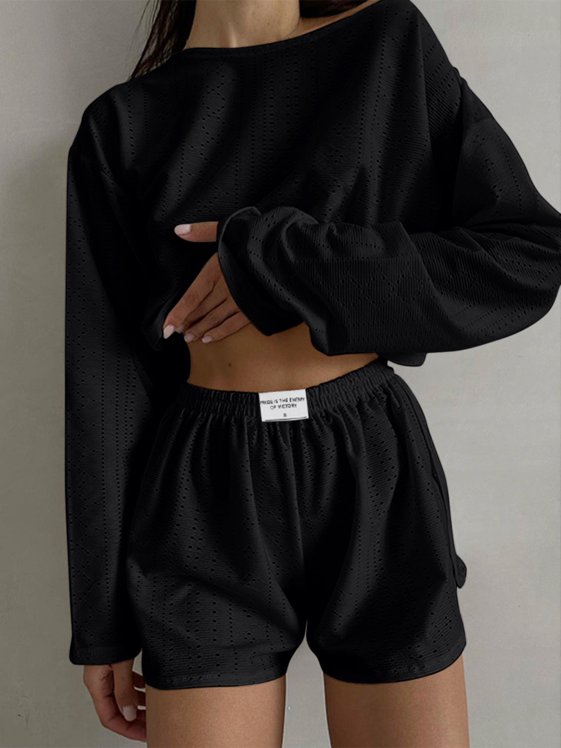 Eyelet Round Neck Top and Shorts Set Loungewear by Trendsi | Fleurcouture