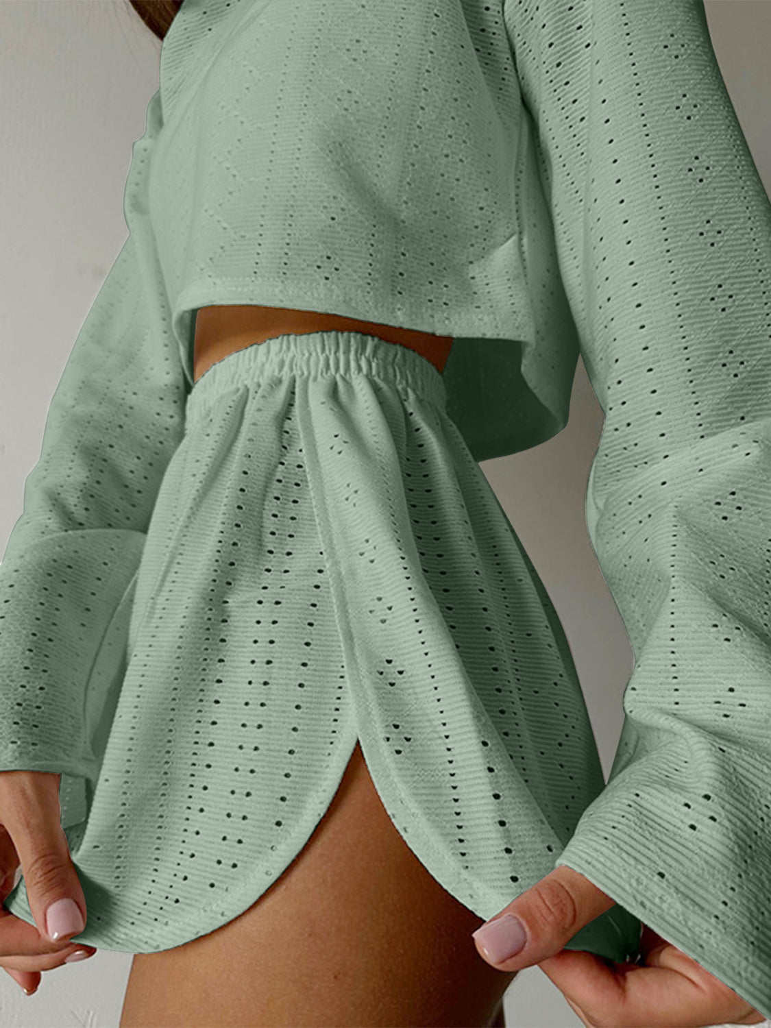 Eyelet Round Neck Top and Shorts Set Loungewear by Trendsi | Fleurcouture