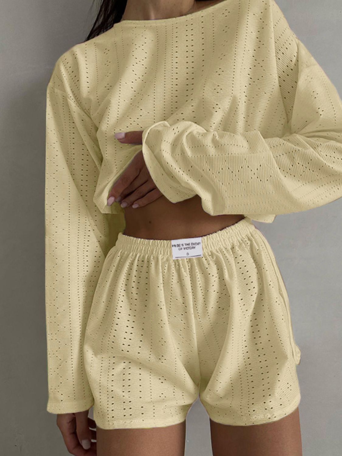 Eyelet Round Neck Top and Shorts Set Pastel Yellow S Loungewear by Trendsi | Fleurcouture