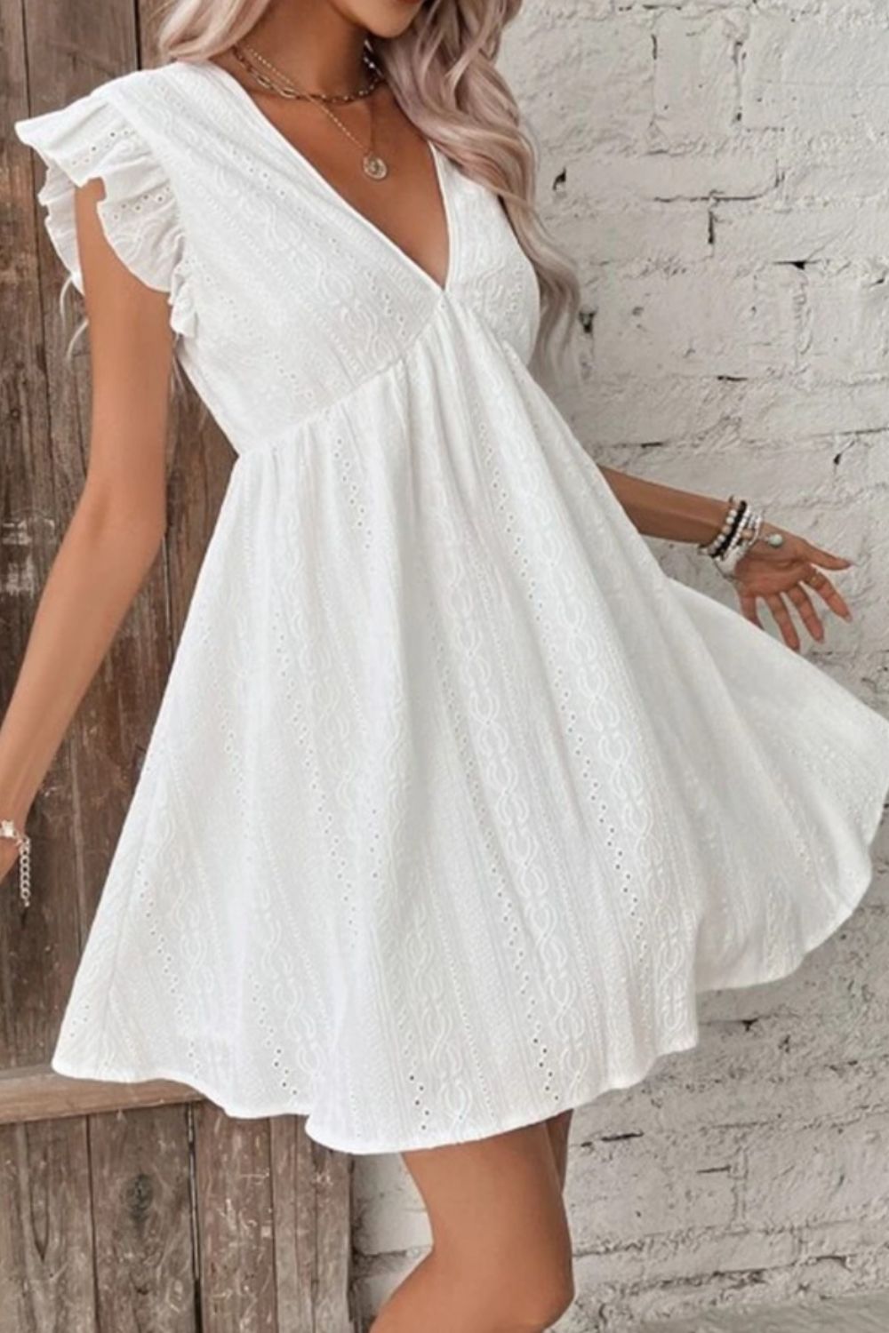Eyelet Ruffled Cap Sleeve Mini Dress White Dresses by Trendsi | Fleurcouture