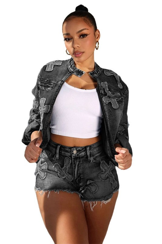 FAHION DENIM TWO PIECE SHOTR SET BLACK GREY L by By Claude | Fleurcouture