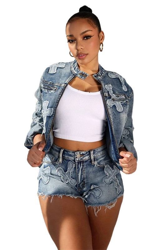 FAHION DENIM TWO PIECE SHOTR SET BLUE L by By Claude | Fleurcouture