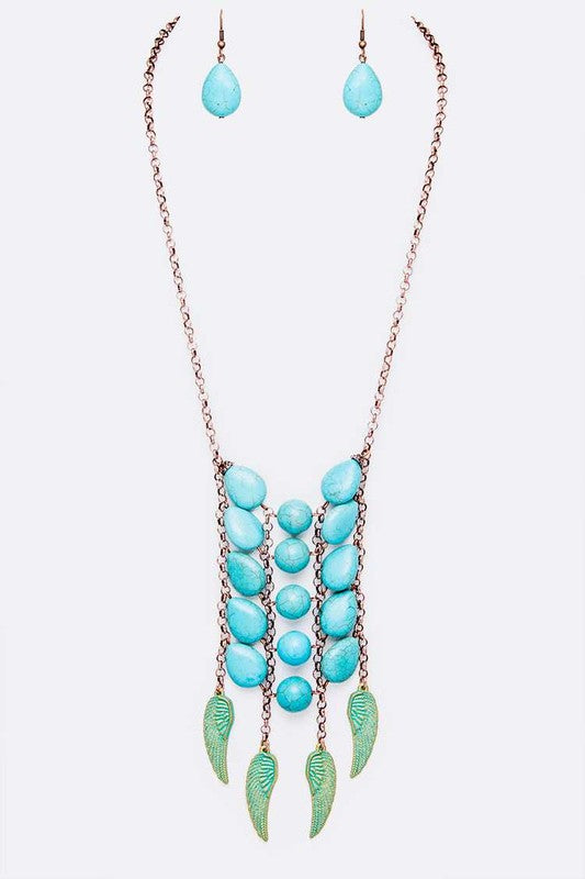 Feather Charm Stone Statement Necklace Set Turquoise/Copper O/S by LA Jewelry Plaza | Fleurcouture