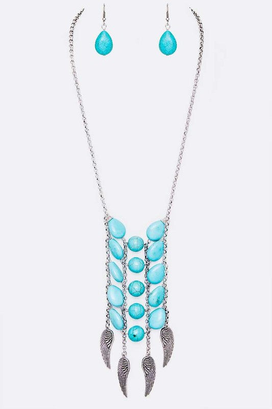 Feather Charm Stone Statement Necklace Set Turquoise/Silver O/S by LA Jewelry Plaza | Fleurcouture
