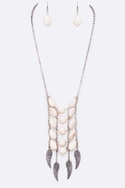 Feather Charm Stone Statement Necklace Set White O/S by LA Jewelry Plaza | Fleurcouture