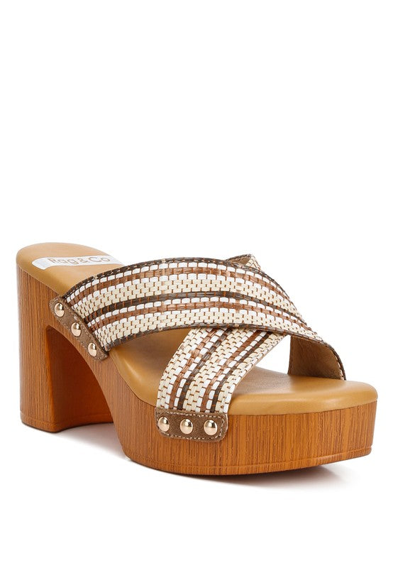 Finley Raffia High Block Heel Clogs Tan US-5 / UK-3 / EU-36 by Rag Company | Fleurcouture