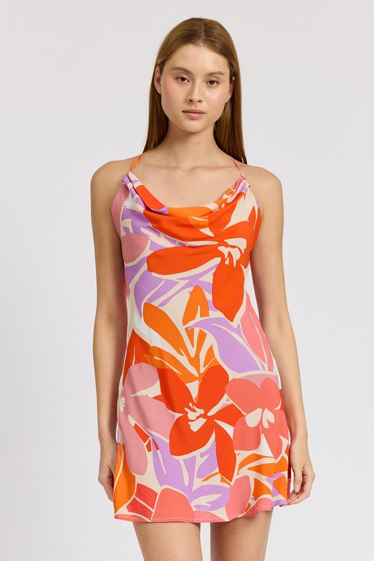 FLORAL COWL NECK CAMI DRESS ORANGE FLORAL by Emory Park | Fleurcouture