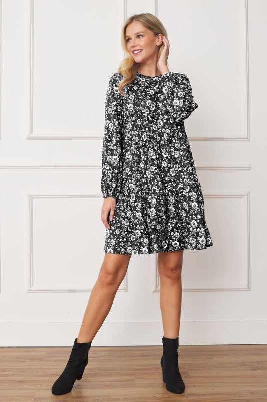 Floral Crew Neck Midi Dress Black S by EG fashion | Fleurcouture