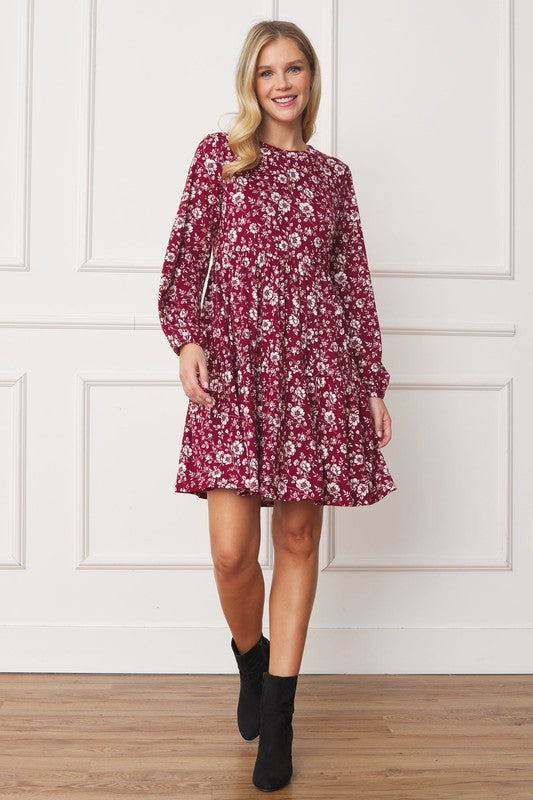 Floral Crew Neck Midi Dress burgundy S by EG fashion | Fleurcouture
