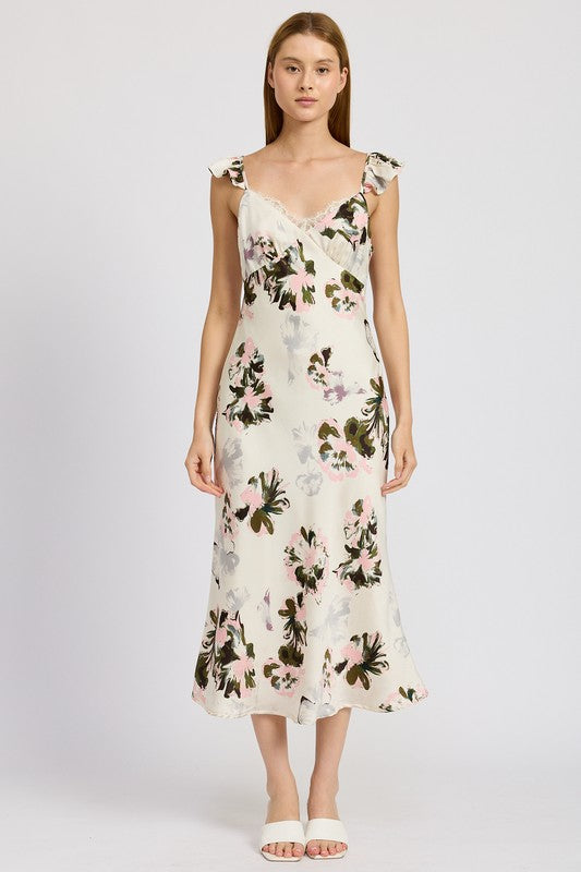 FLORAL MIDI DRESS WITH LACE DETAIL PINK FLORAL by Emory Park | Fleurcouture