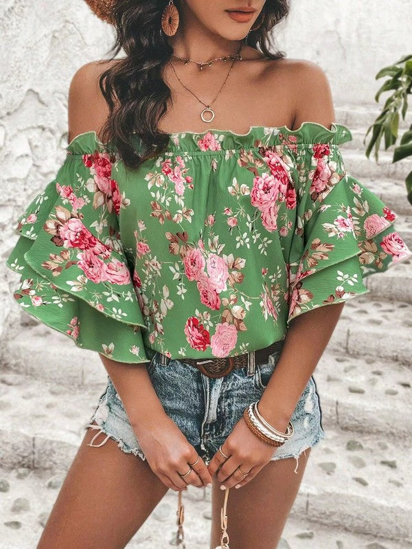 Floral off shoulder blouse Green S by Miss Sparkling | Fleurcouture