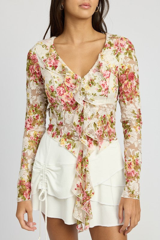 FLORAL PRINT BLOUSE WITH RUFFLE DETAIL IVORY PINK by Emory Park | Fleurcouture