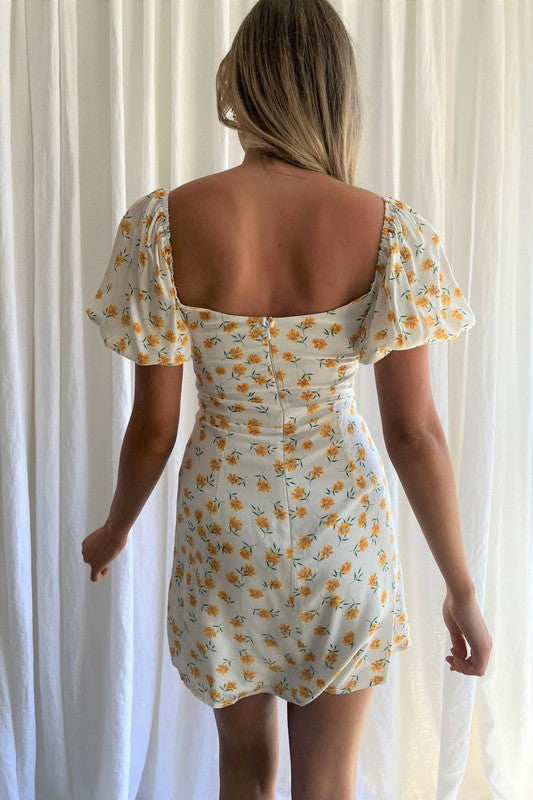 Floral Print Puff Sleeve Mini Dress WHITE by One and Only Collective Inc | Fleurcouture