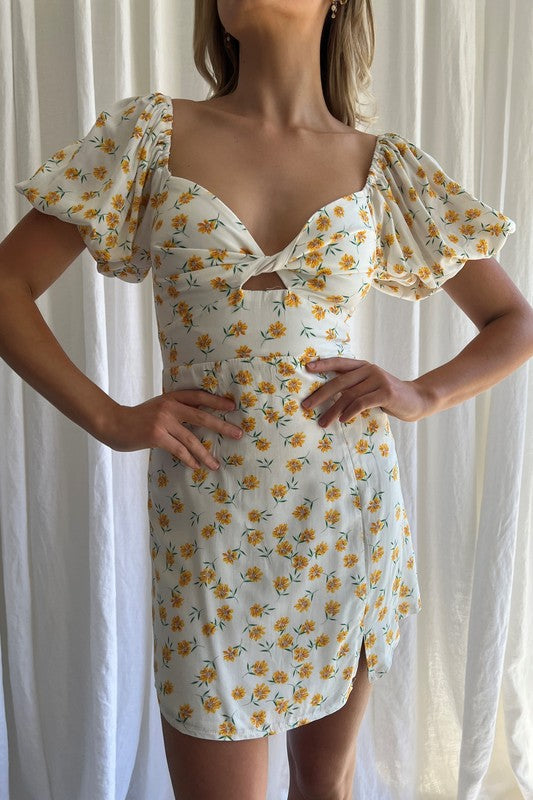 Floral Print Puff Sleeve Mini Dress WHITE by One and Only Collective Inc | Fleurcouture