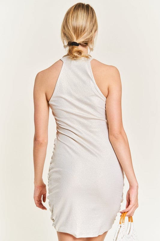 FOGGY FOIL OVERLAP SHIRRED DRESS by Jade By Jane | Fleurcouture