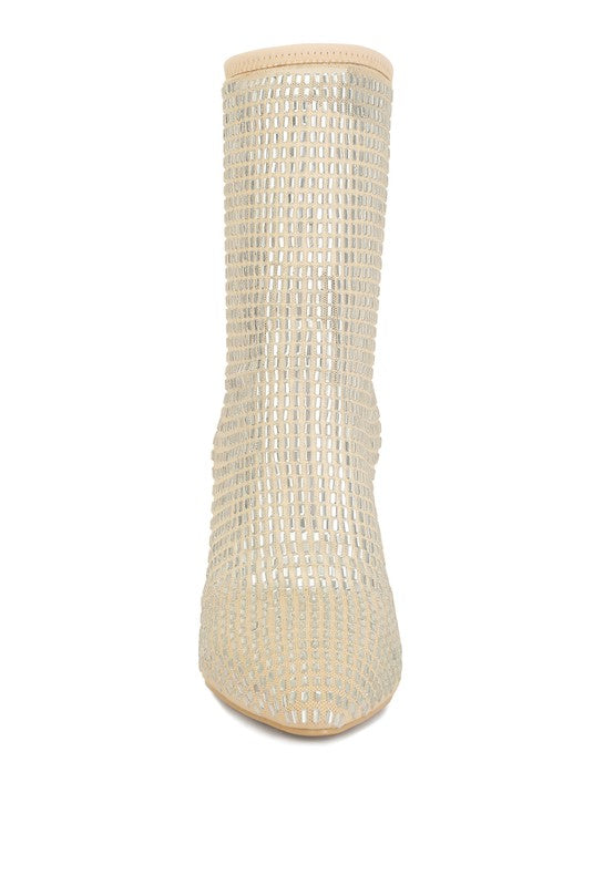 Fortunate Rhinestones Embellished Mesh Boots by Rag Company | Fleurcouture