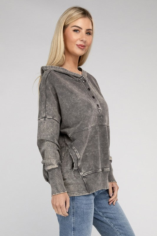 French Terry Acid Wash Kangaroo Pocket Hoodie by ZENANA | Fleurcouture