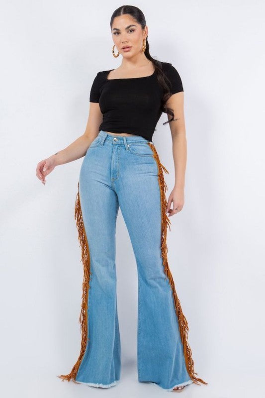Fringe Bell Bottom in Light Blue Inseam 32" Light Blue by GJG Denim | Fleurcouture