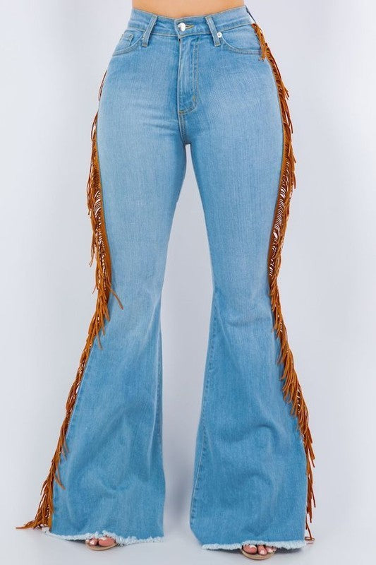 Fringe Bell Bottom in Light Blue Inseam 32" Light Blue by GJG Denim | Fleurcouture