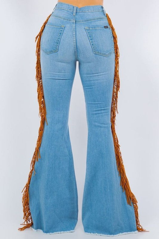 Fringe Bell Bottom in Light Blue Inseam 32" Light Blue by GJG Denim | Fleurcouture