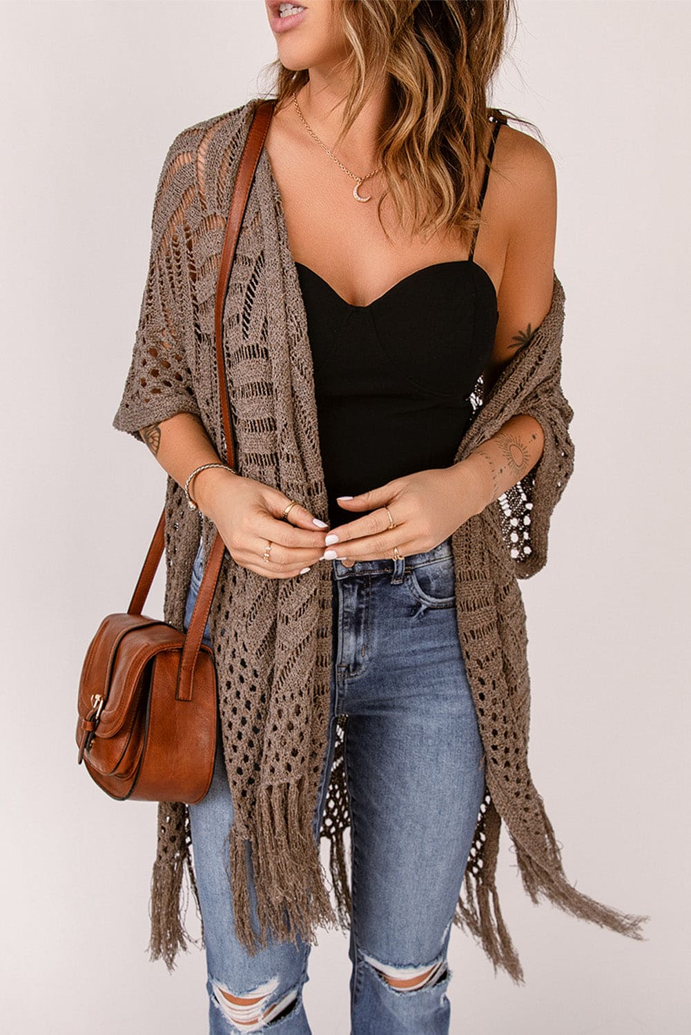 Fringe Hem Slit Open Front Cardigan Mocha One Size Cardigans by Trendsi | Fleurcouture