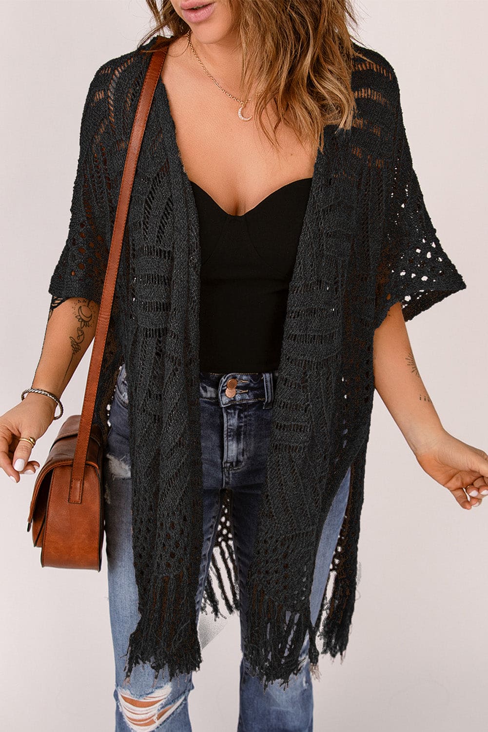 Fringe Hem Slit Open Front Cardigan One Size Cardigans by Trendsi | Fleurcouture
