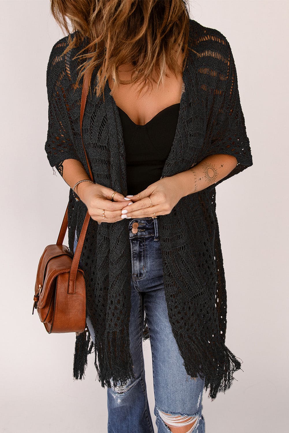 Fringe Hem Slit Open Front Cardigan One Size Cardigans by Trendsi | Fleurcouture