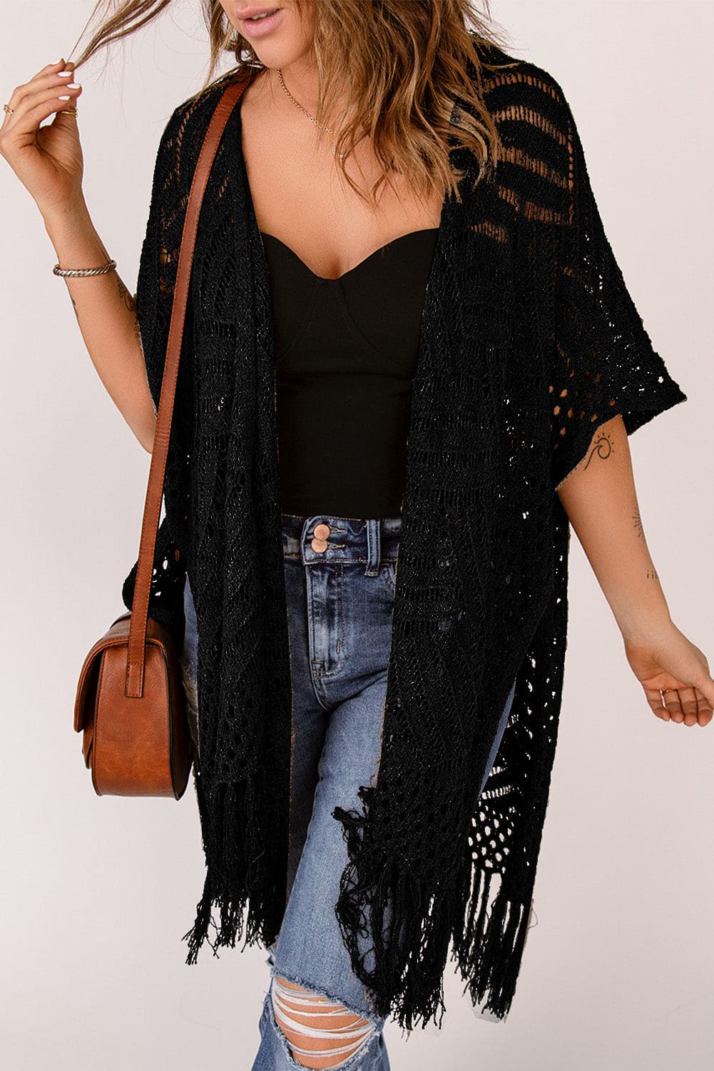 Fringe Hem Slit Open Front Cardigan One Size Cardigans by Trendsi | Fleurcouture