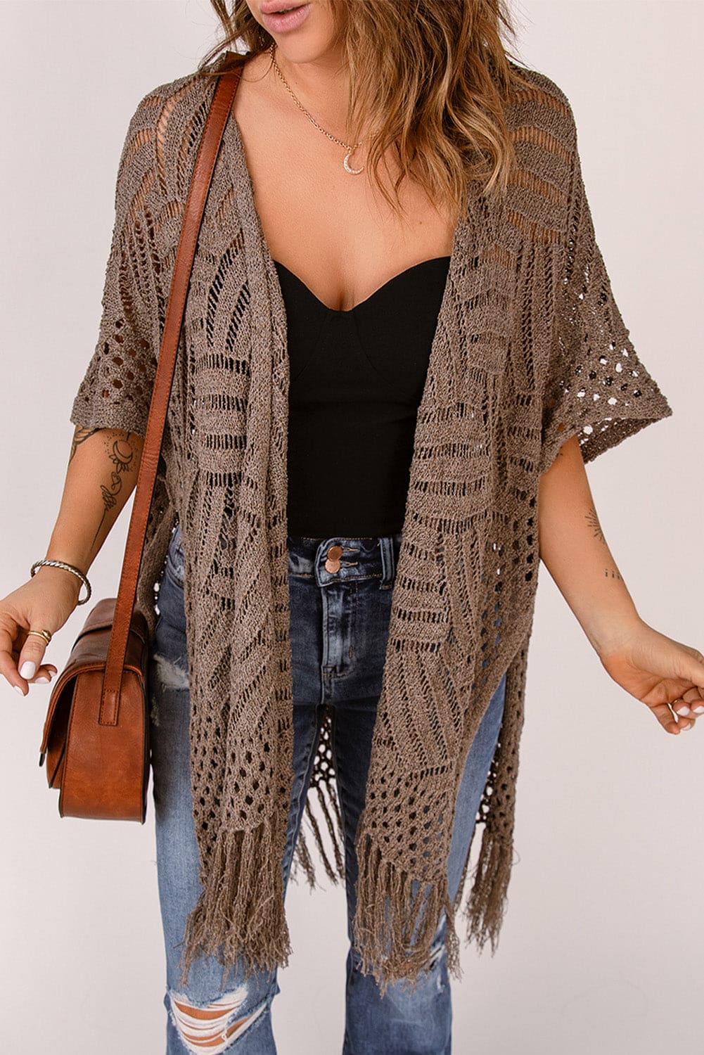 Fringe Hem Slit Open Front Cardigan One Size Cardigans by Trendsi | Fleurcouture