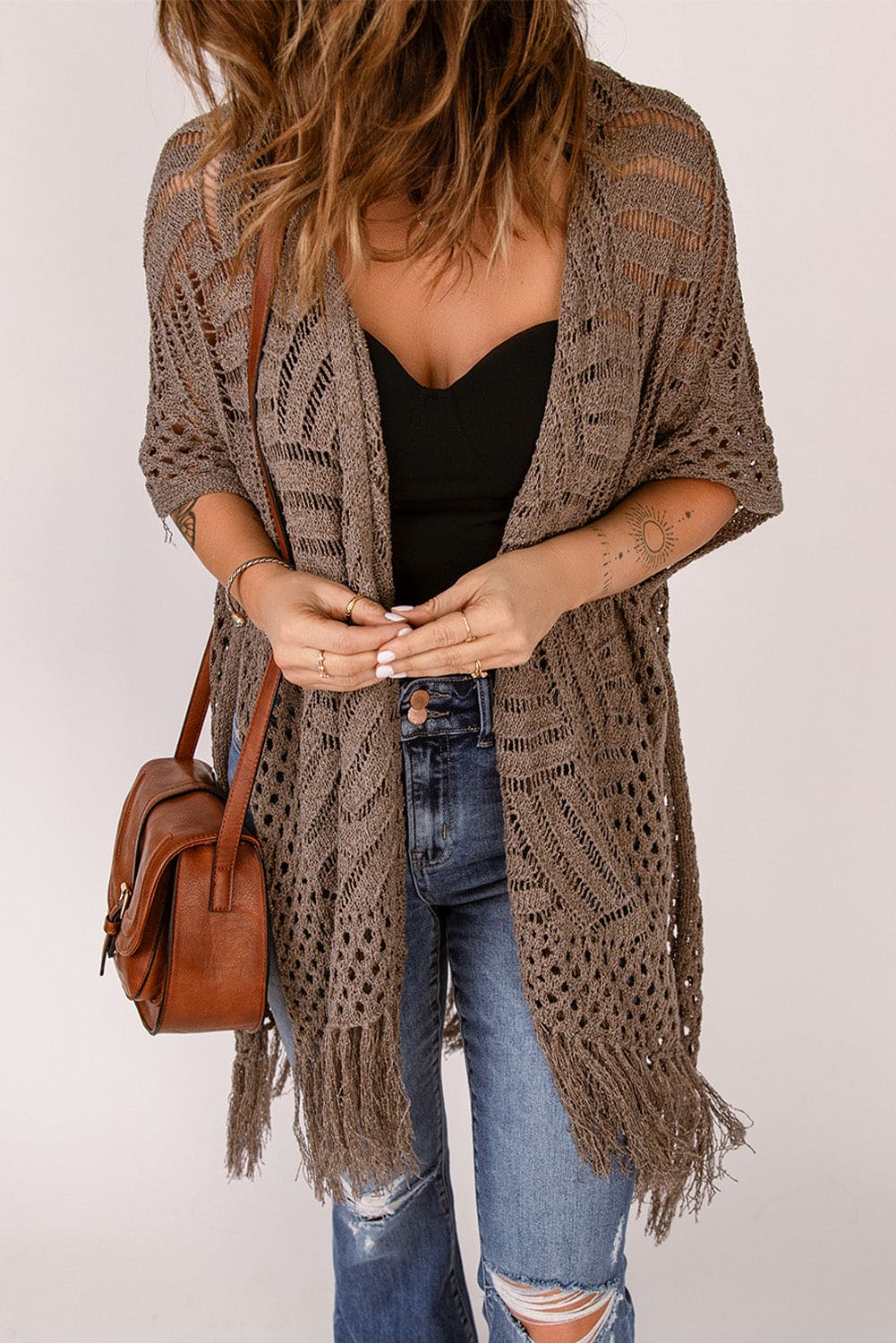 Fringe Hem Slit Open Front Cardigan One Size Cardigans by Trendsi | Fleurcouture