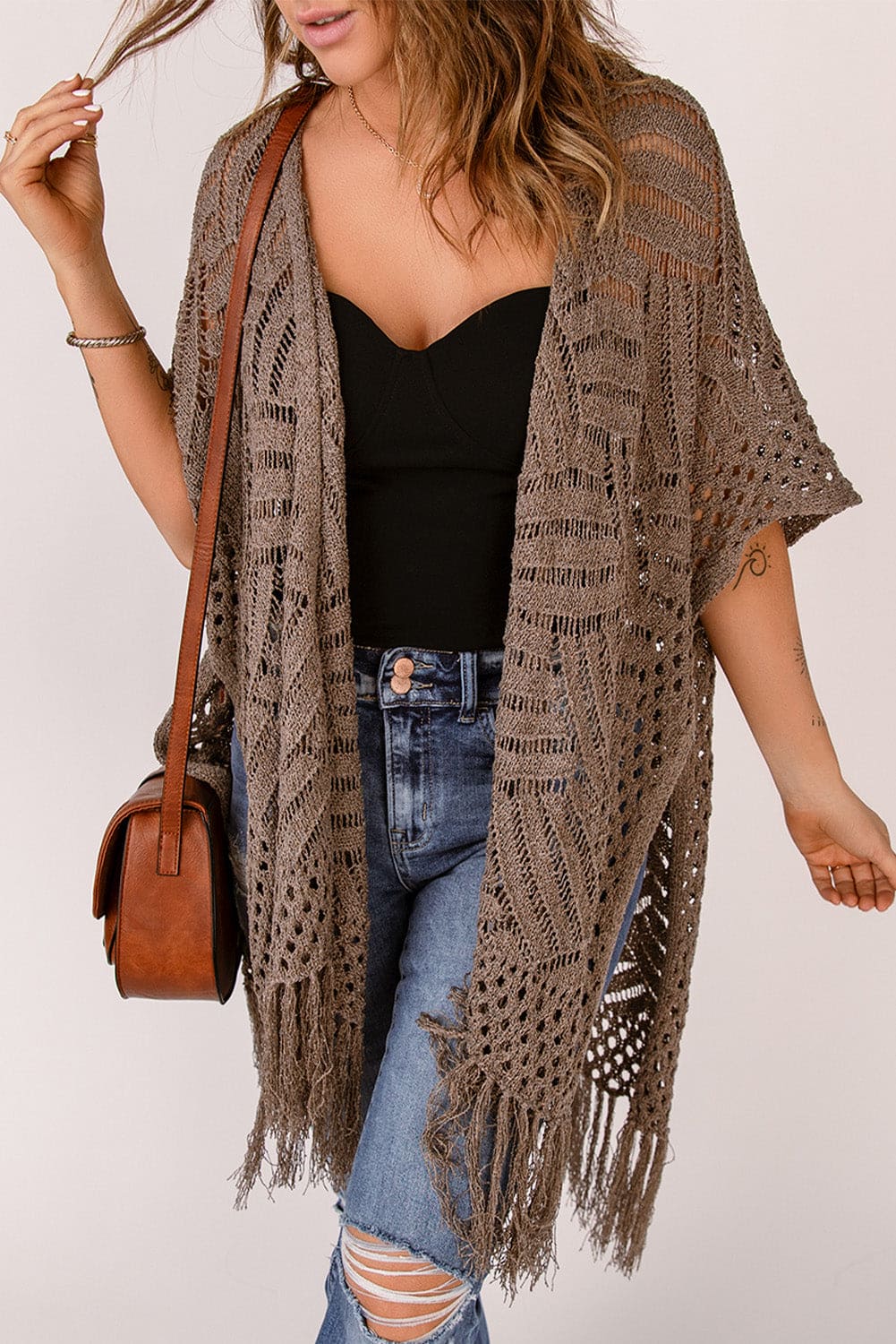 Fringe Hem Slit Open Front Cardigan One Size Cardigans by Trendsi | Fleurcouture