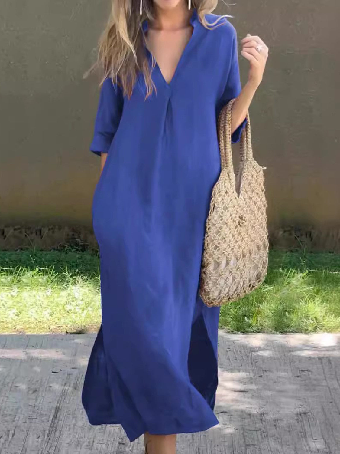 Full Size Notched Half Sleeve Midi Dress Women&