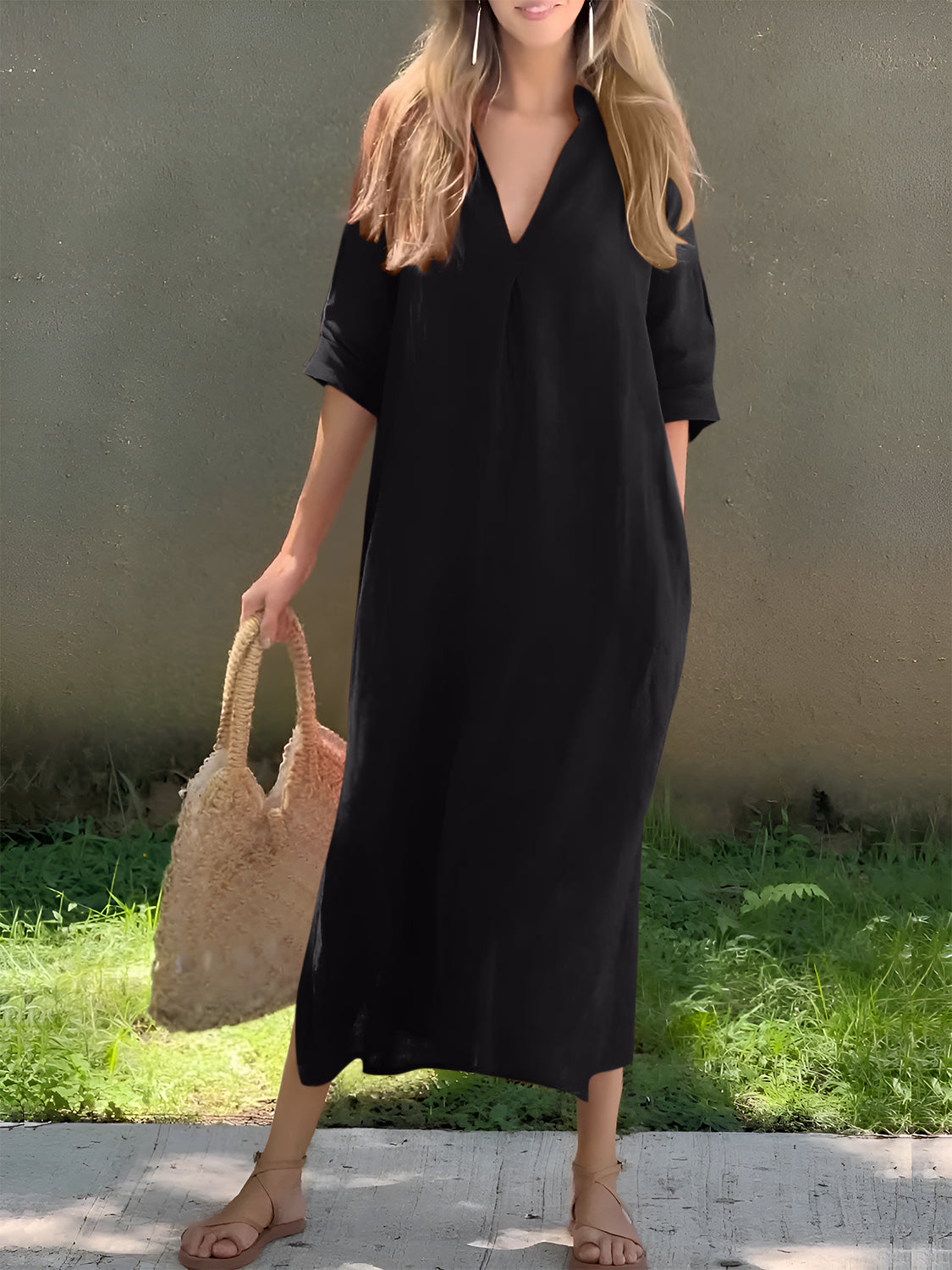 Full Size Notched Half Sleeve Midi Dress Women&