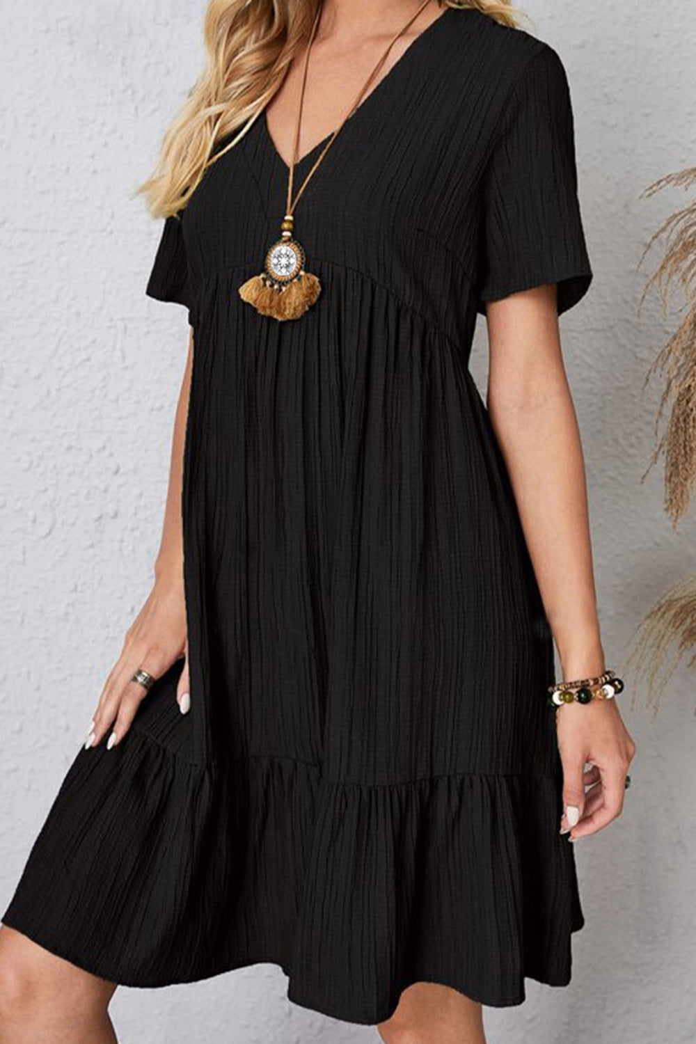 Full Size Ruched V-Neck Short Sleeve Dress Black S Women&