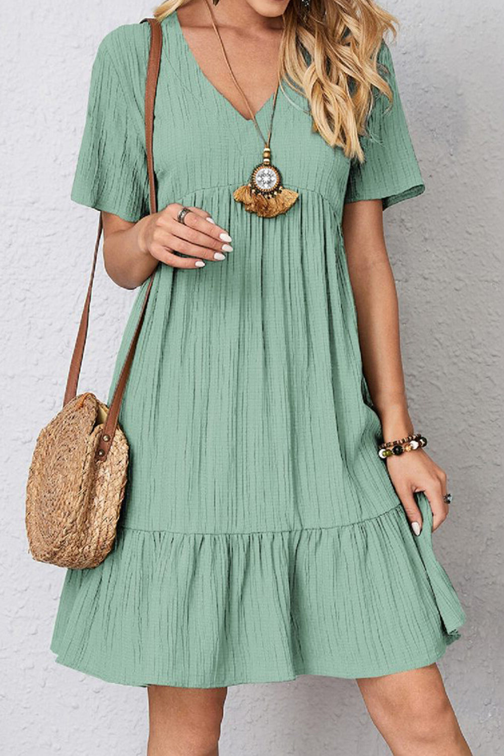 Full Size Ruched V-Neck Short Sleeve Dress Teal S Women&