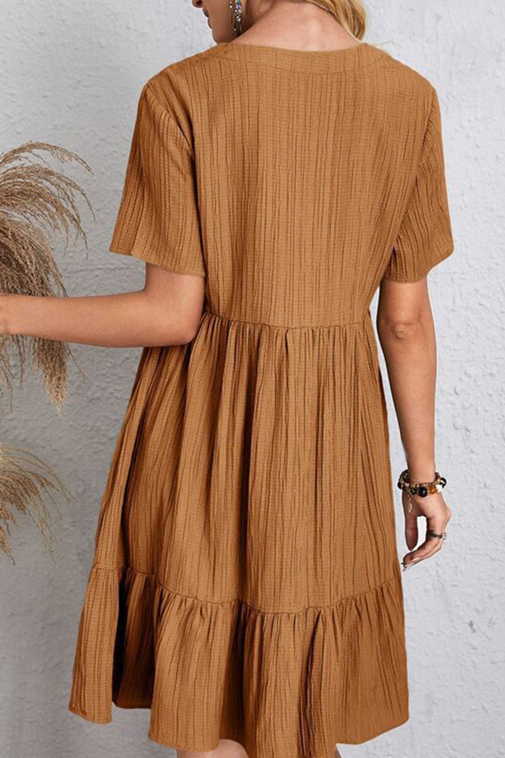 Full Size Ruched V-Neck Short Sleeve Dress Women&