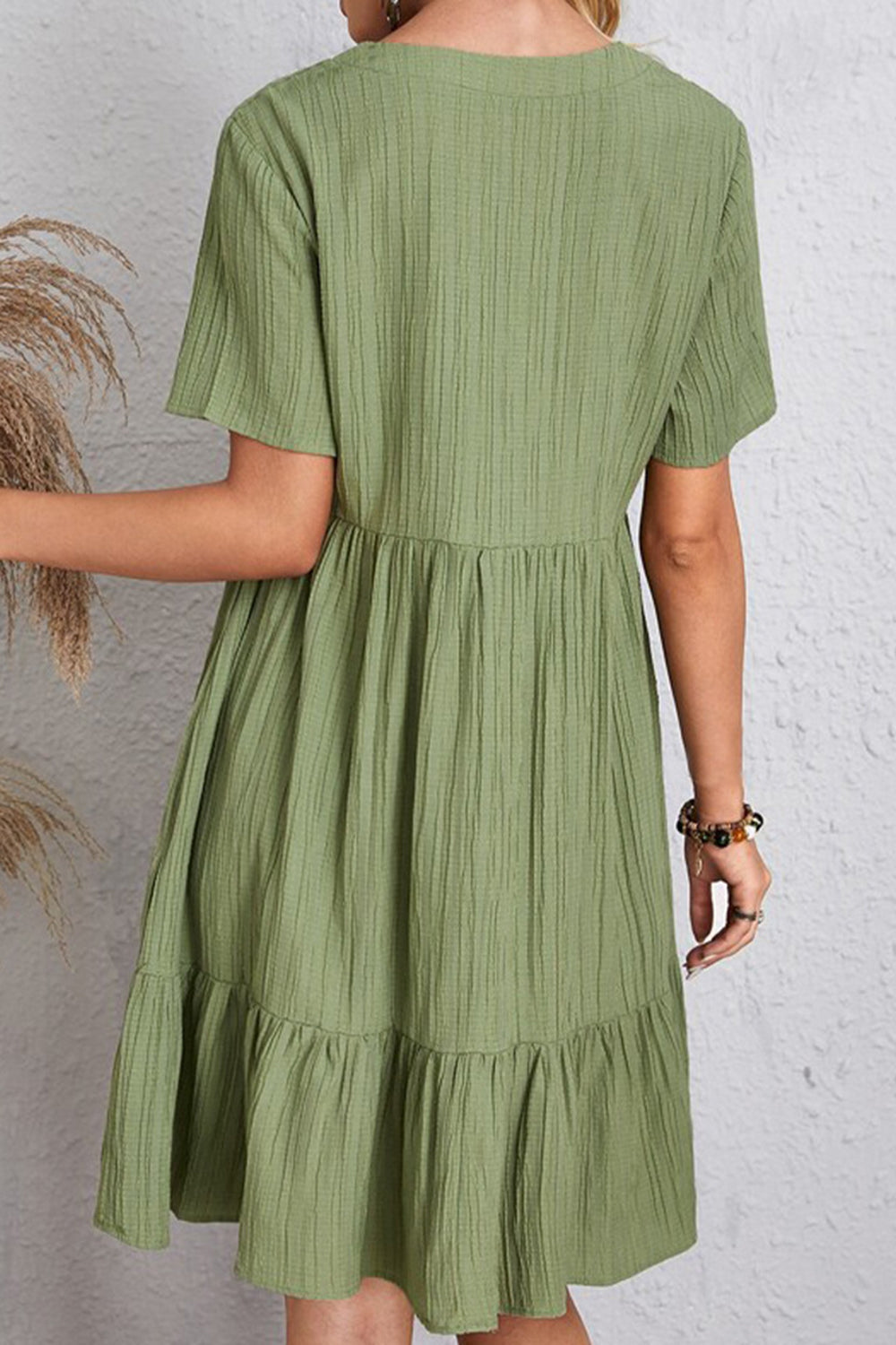 Full Size Ruched V-Neck Short Sleeve Dress Women&