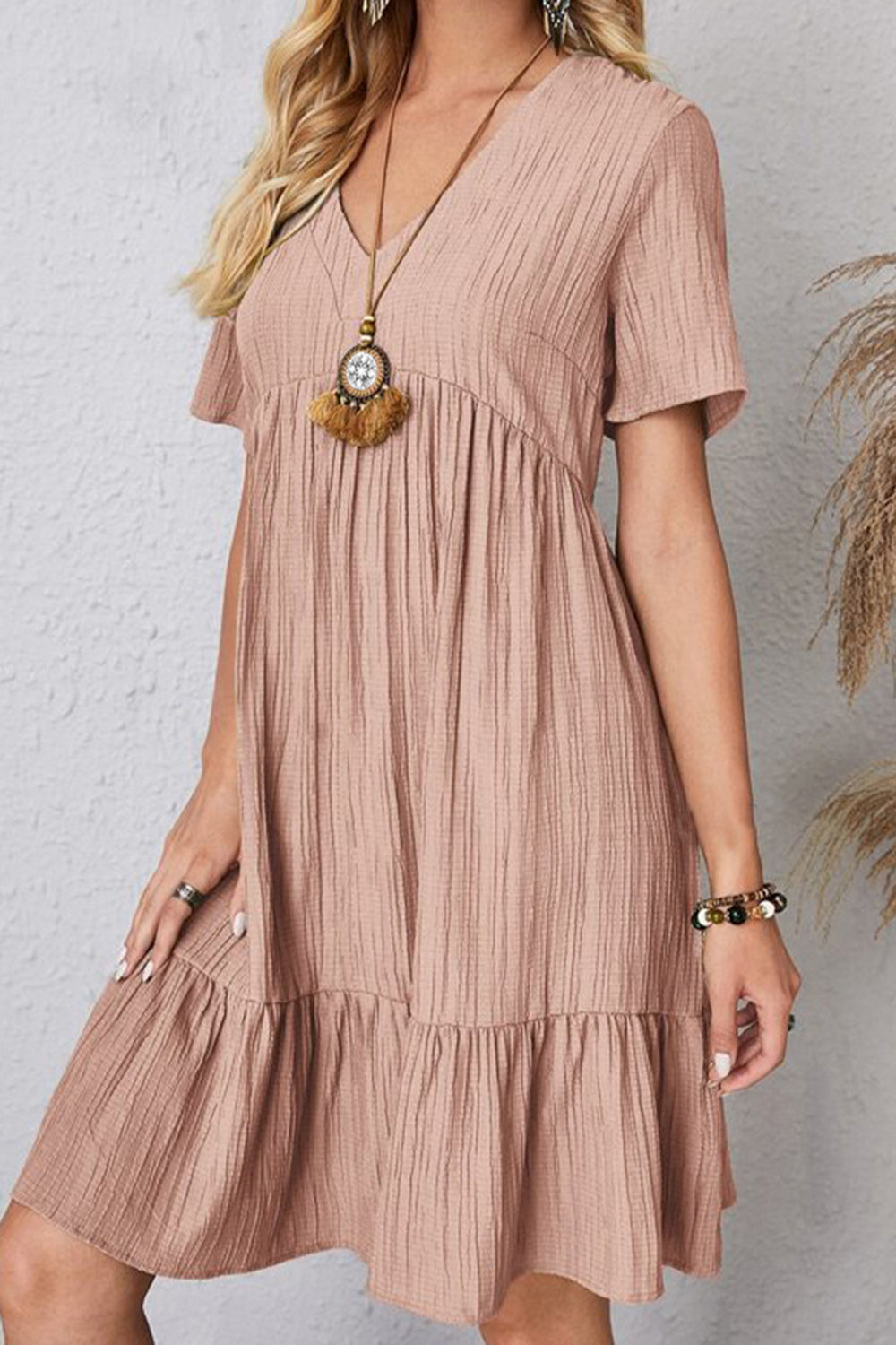 Full Size Ruched V-Neck Short Sleeve Dress Women&