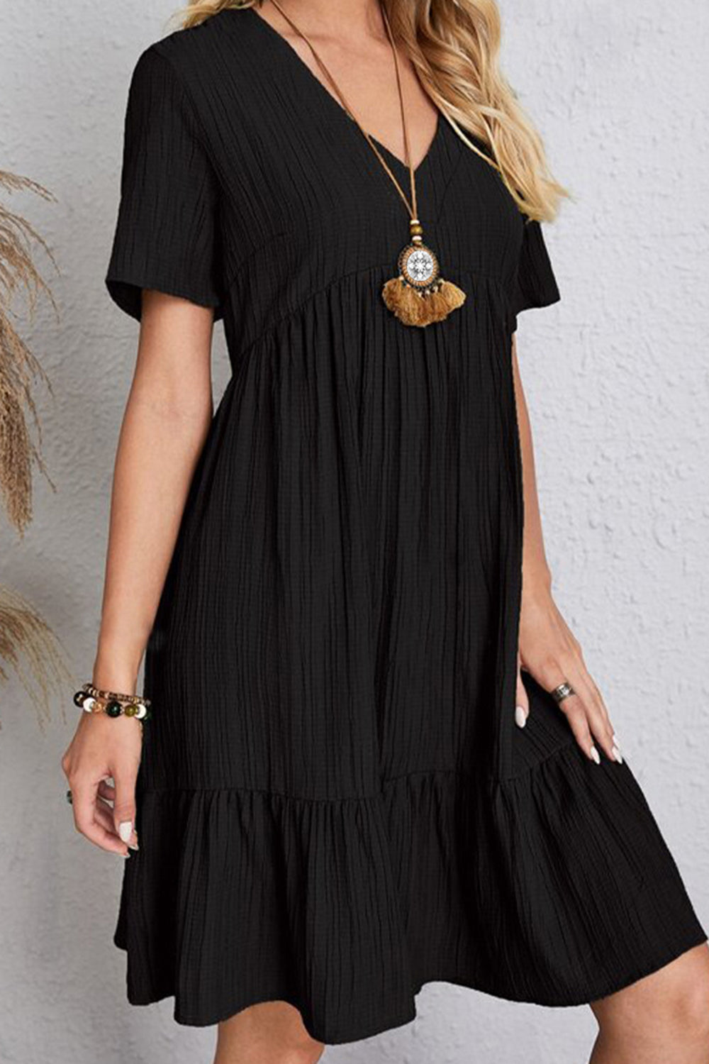 Full Size Ruched V-Neck Short Sleeve Dress Women&
