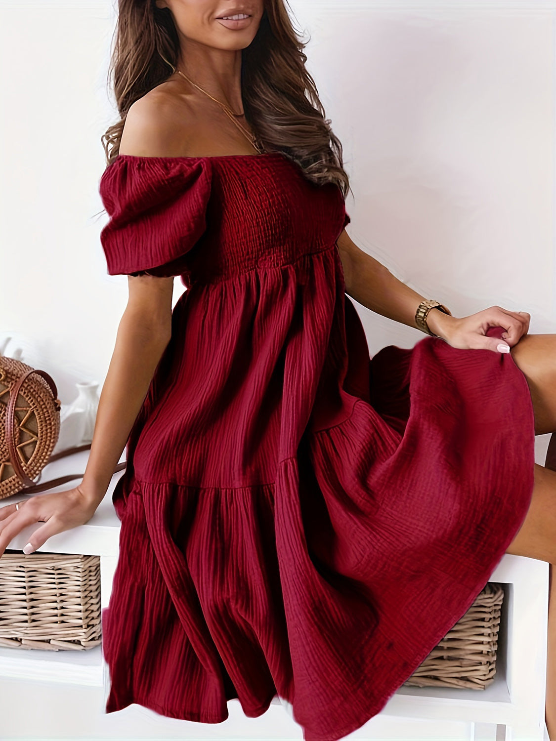 Full Size Ruffled Off-Shoulder Short Sleeve Dress Dresses by Trendsi | Fleurcouture